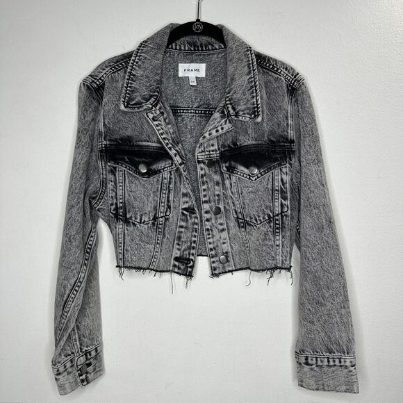 Frame Stonewashed Gray Faded & Distressed Crop Jacket Front Button Raw Hem S - Picture 4 of 16